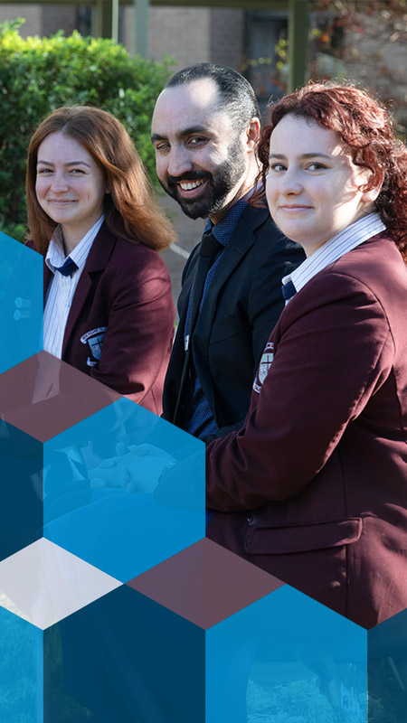 Teacher with welcoming students at Bede Polding Catholic College Sth Windsor